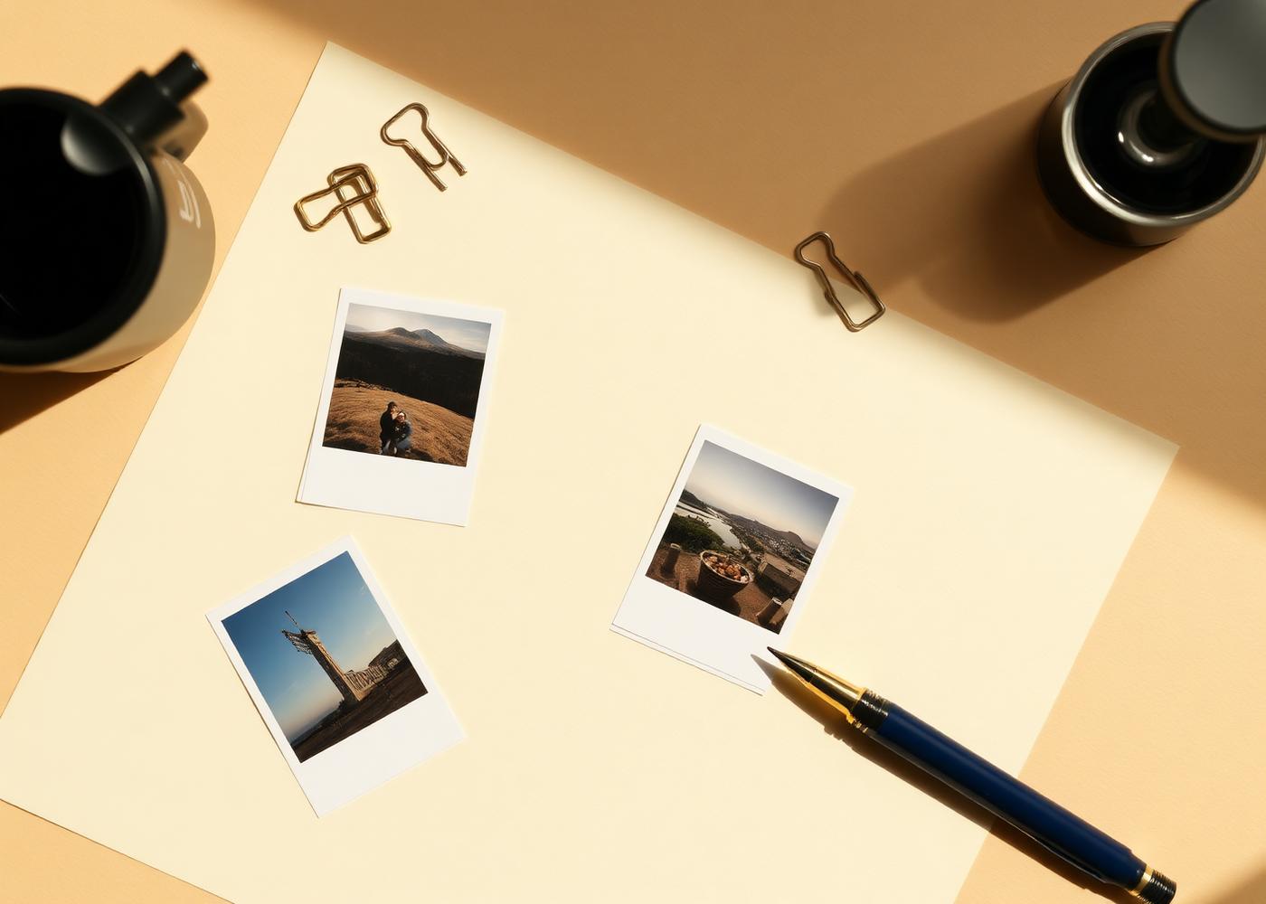 A flat-lay of content planning with printed photos and brass paperclips