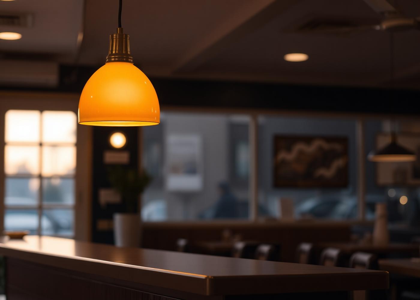 A warm cafe interior at dusk with a single pendant light