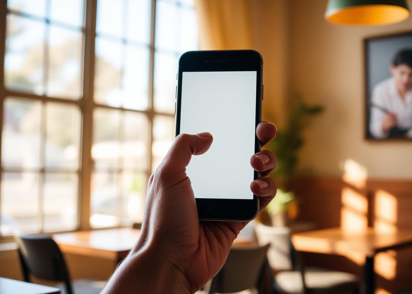 A hand holding a smartphone in a sunlit cafe